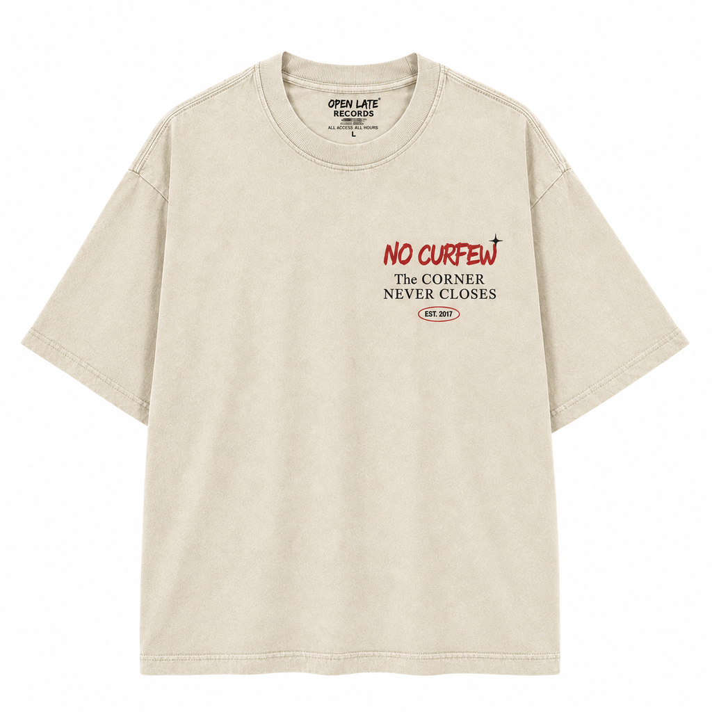 NO CURFEW | OPEN LATE RECORDS TEE - BONE - front flat lay
