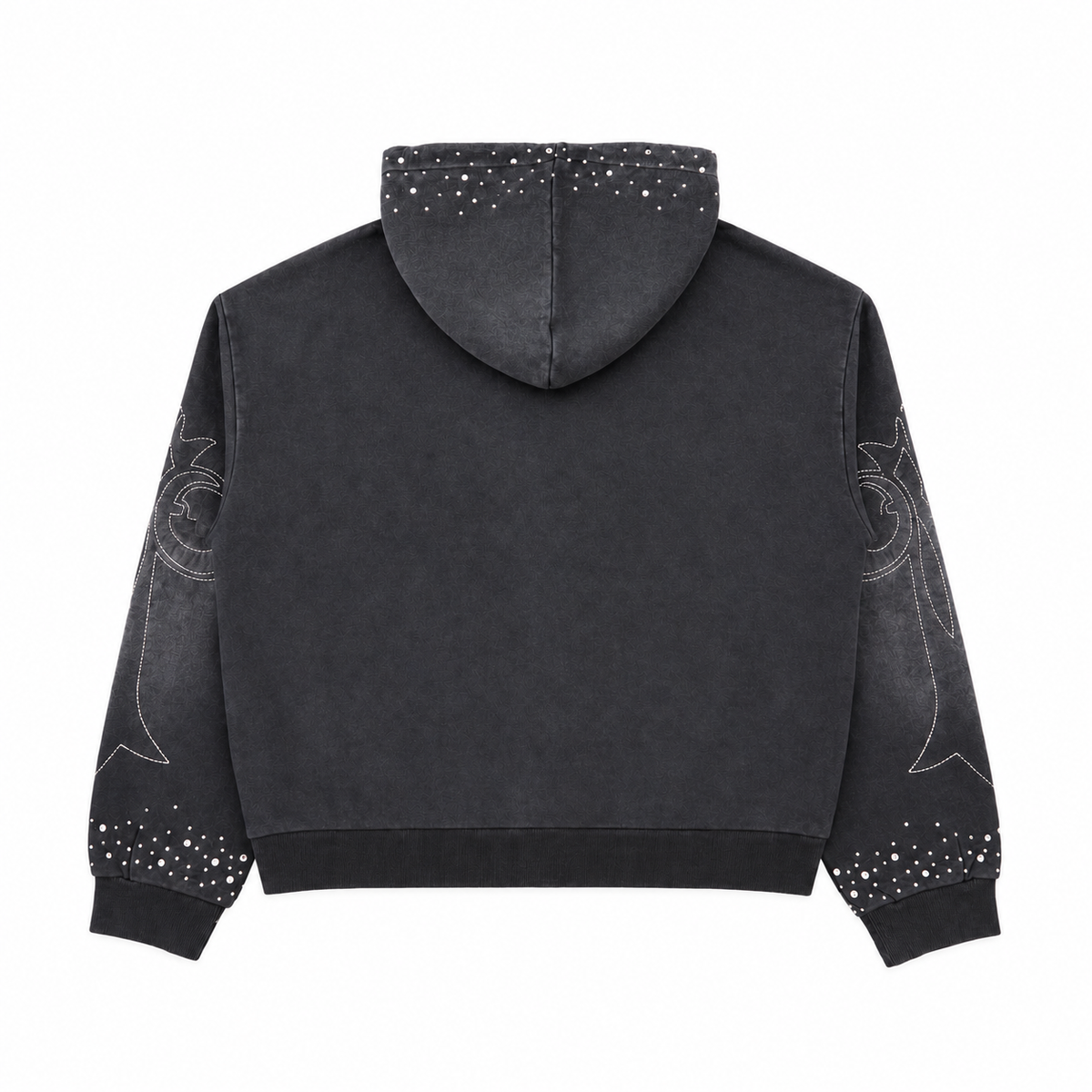 WASHED RHINESTONE SPLATTER ZIP-UP HOODIE BLACK - back flat lay on white