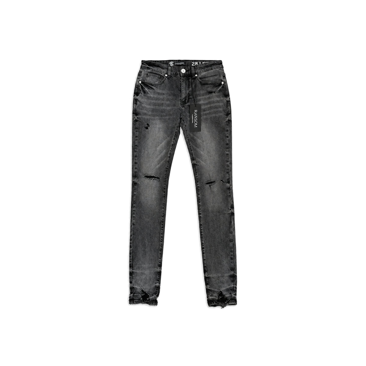 Ransom Dark Grey Wash Rip Skinny Jeans men's jeans flat lay