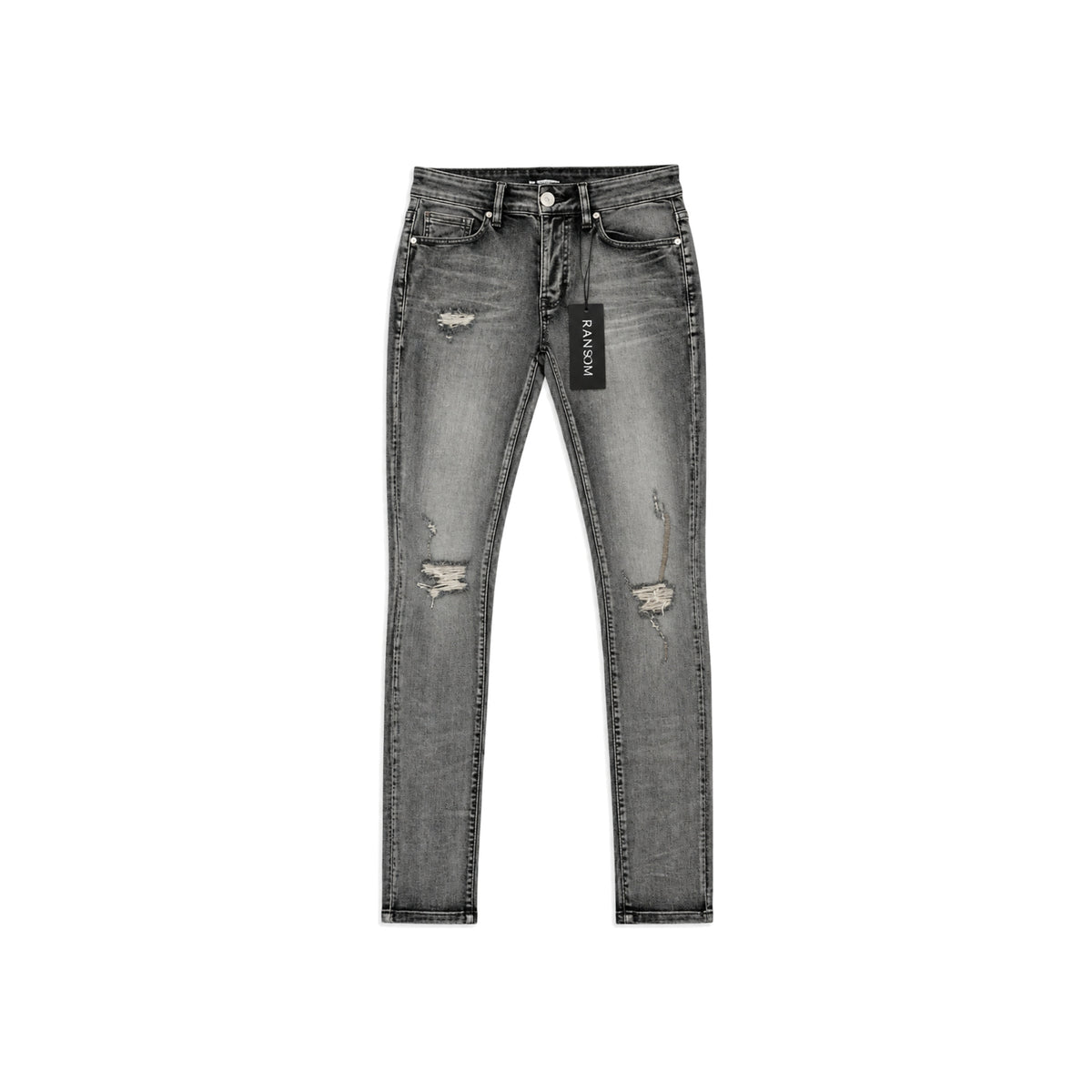 Ransom Ash Rip Skinny Jeans - Medium Grey men's jeans flat lay