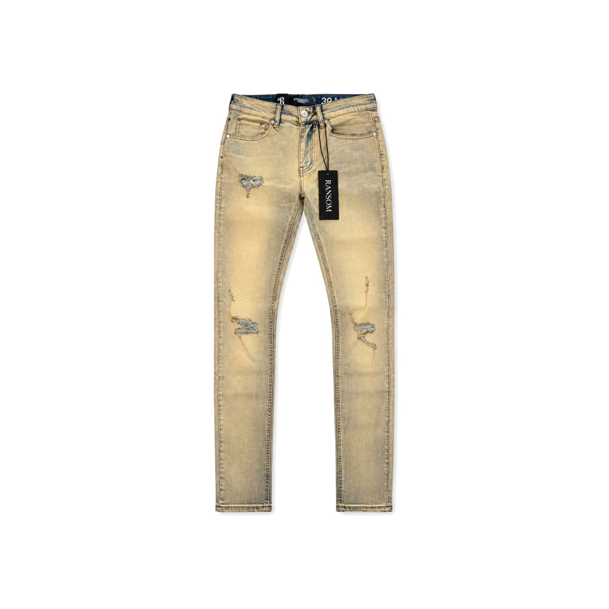 Ransom Tan Blue Distressed Skinny Jeans men's jeans flat lay