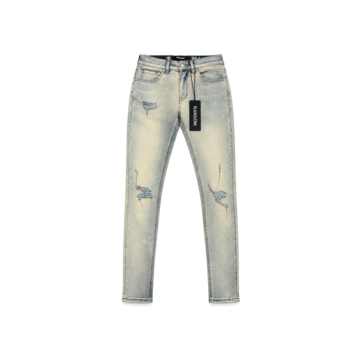 Ransom Medium Wash Distressed Skinny Jeans men's jeans flat lay