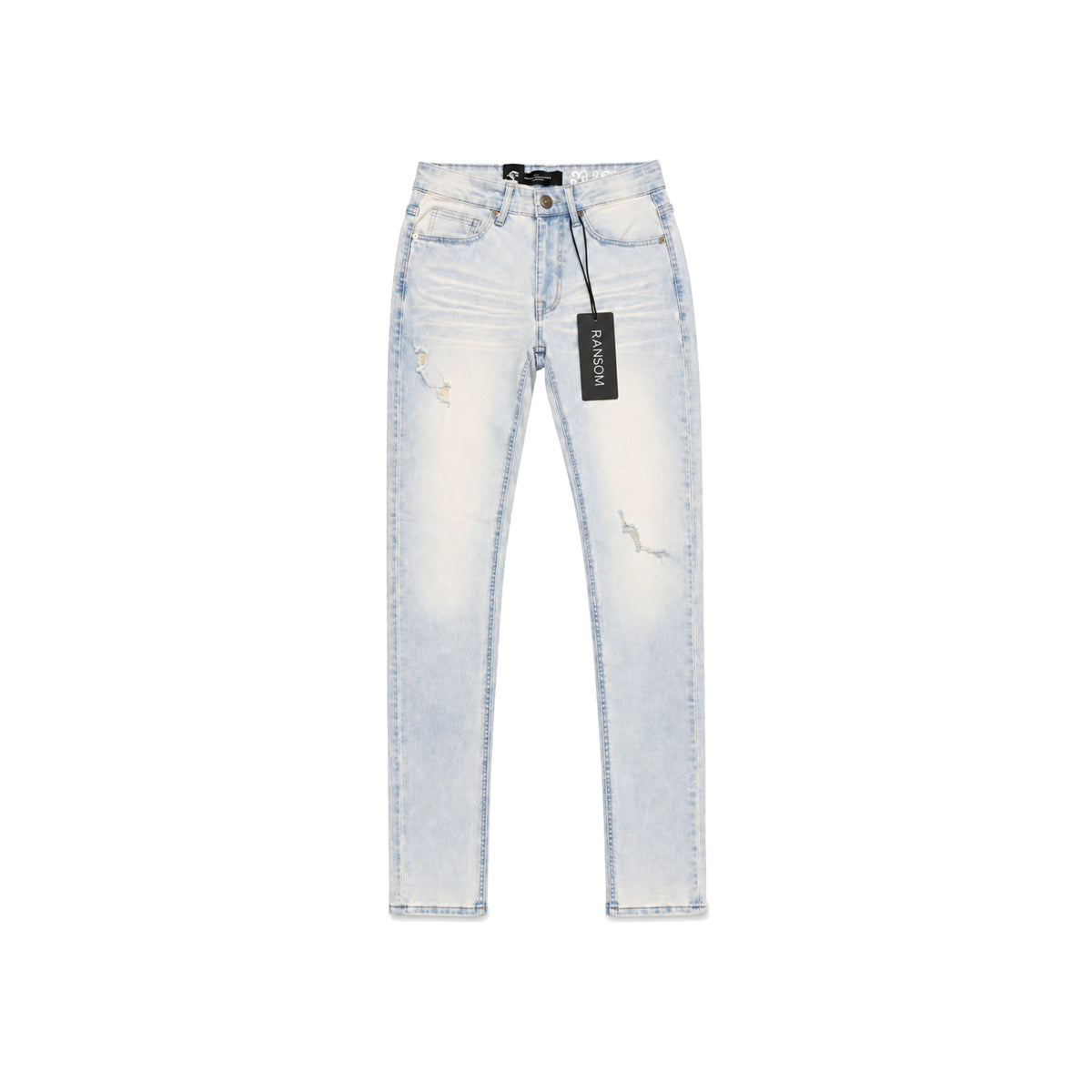 Ransom Ice Blue Distressed Skinny Jeans men's jeans flat lay