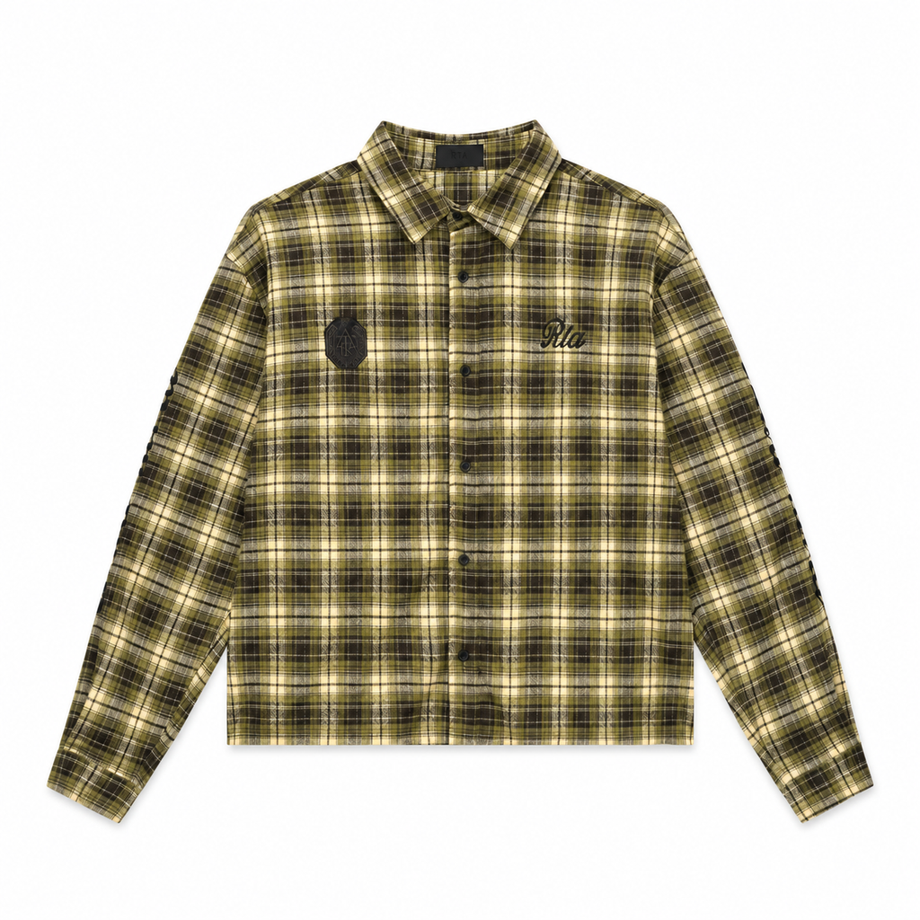 RYNOR CROPPED BUTTON-UP SHIRT OLIVE PLAID