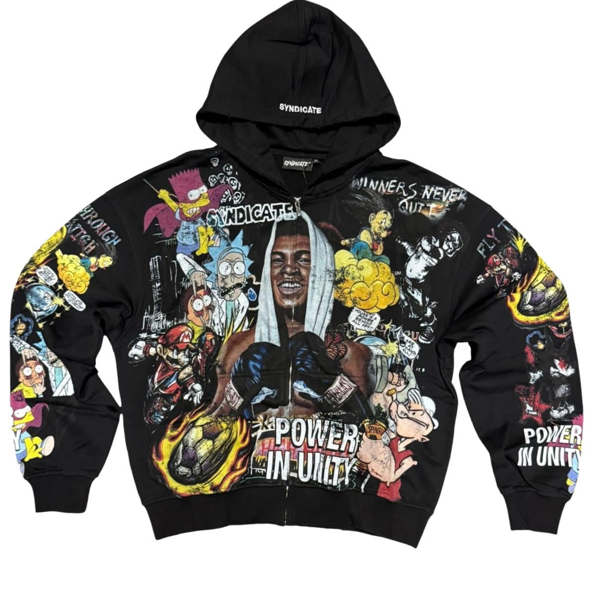 Syndicate UNITY zip-up hoodie in black, front flat lay